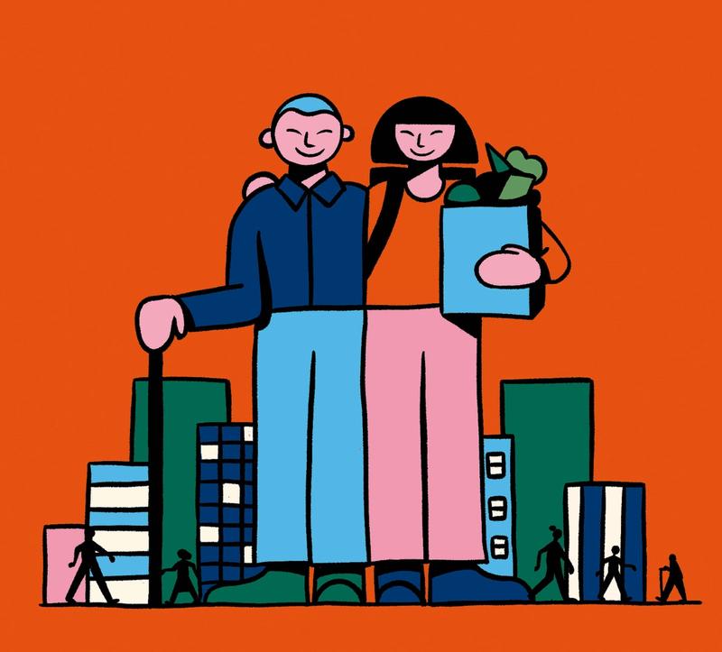Illustration for the Monocle Magazine. Asian young and old person in front of a city.
