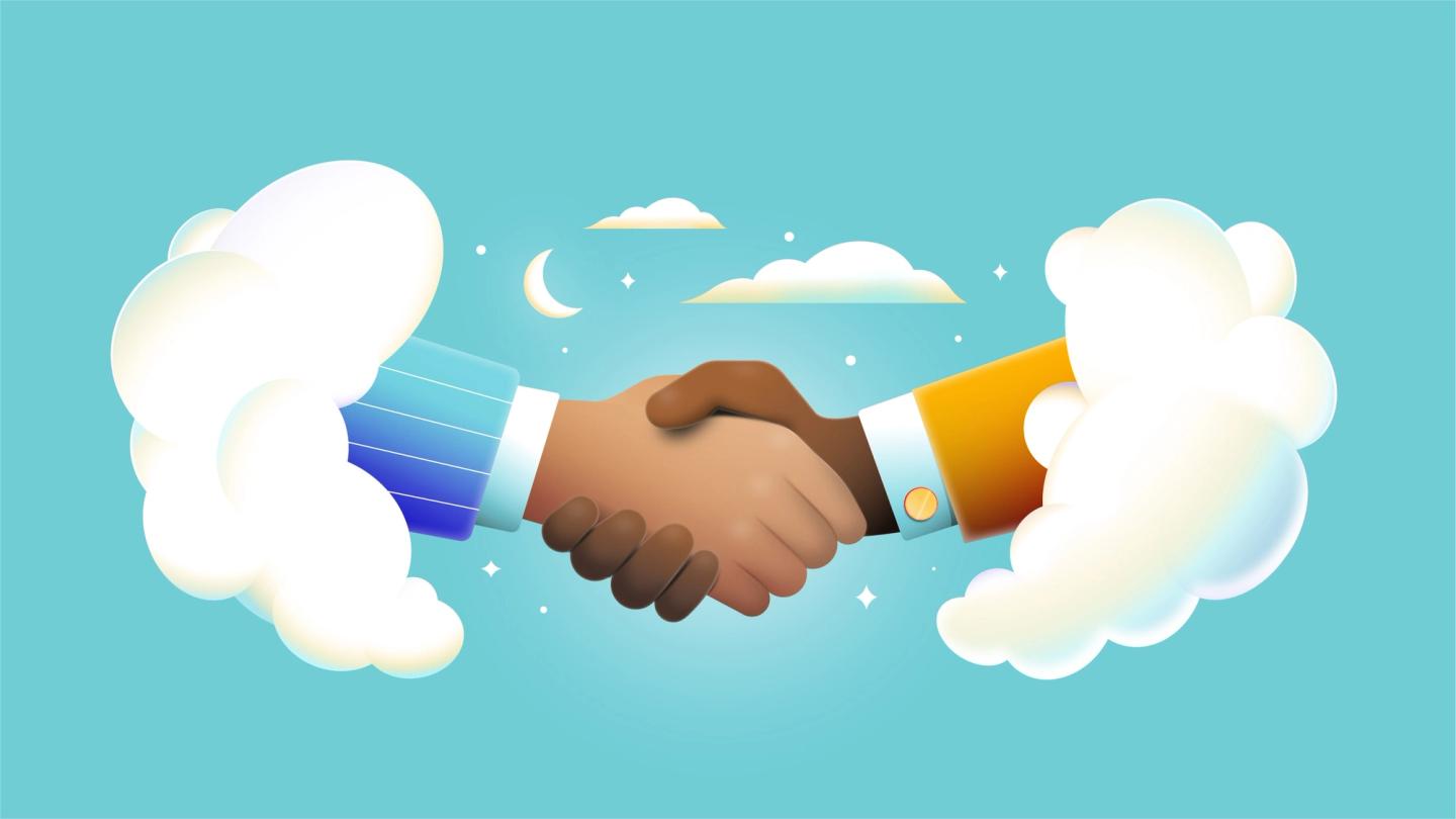 A firm handshake was considered a verbal contract of sale. A handshake between two clouds. 