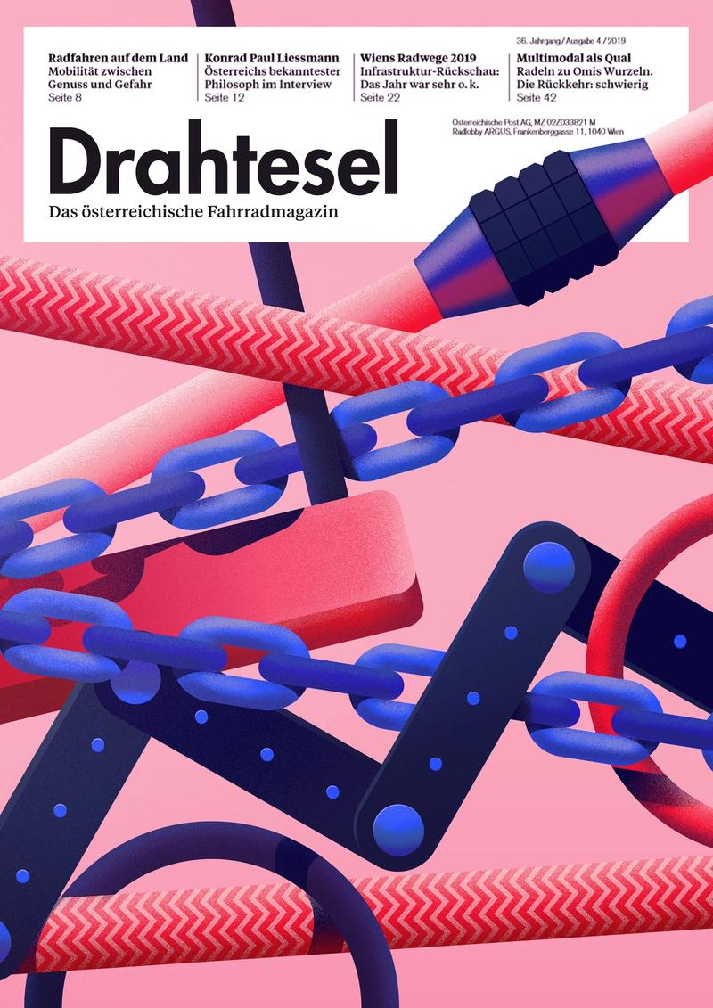 Cover Artwork with a lot of locks and chains for bicycle magazine Drahtesel.