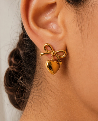 Golden Bow Heart Drop Earrings