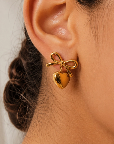 Golden Bow Heart Drop Earrings