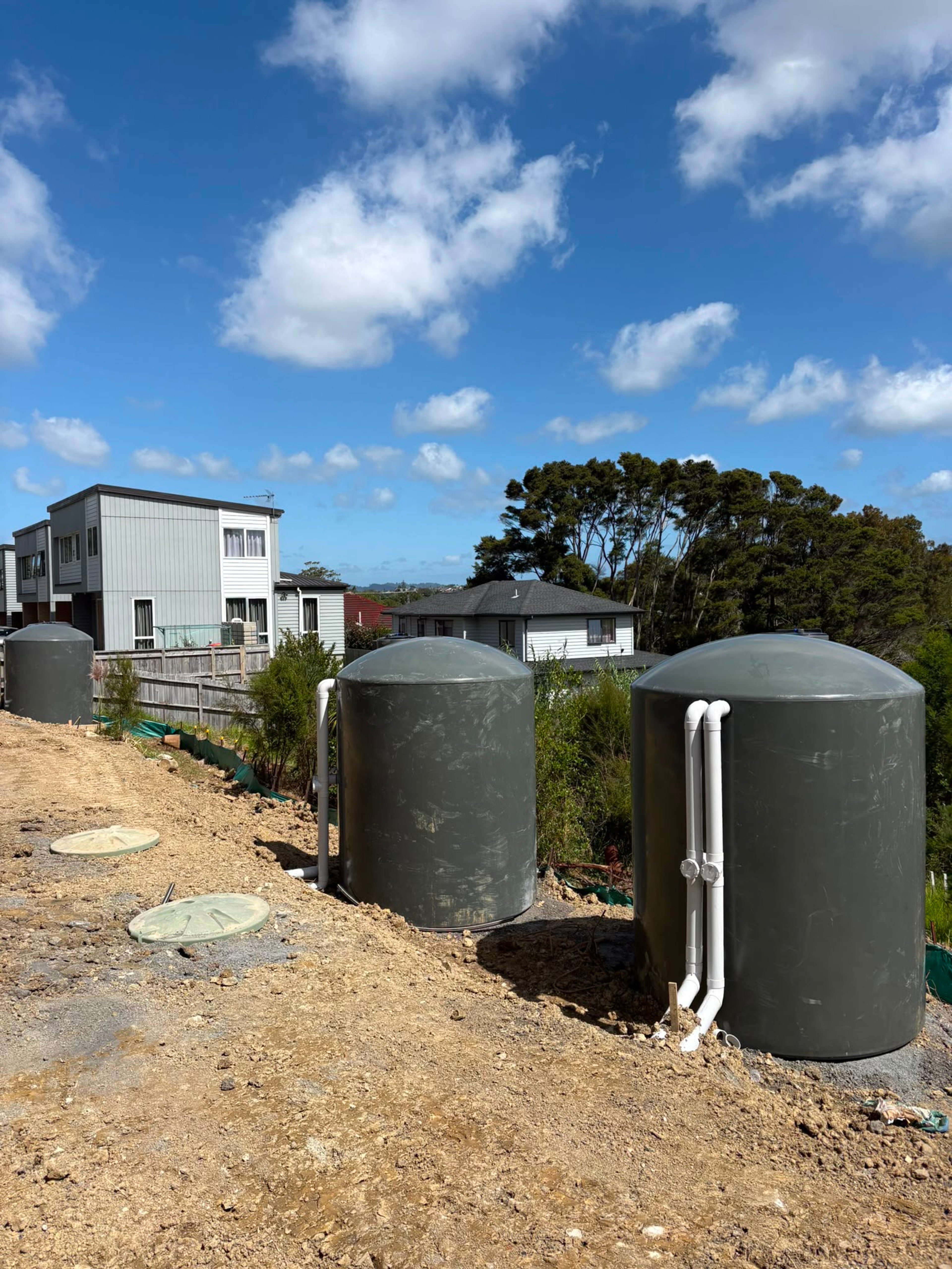 Three stormwater detention tanks installed and plumbed on a new subdivision site