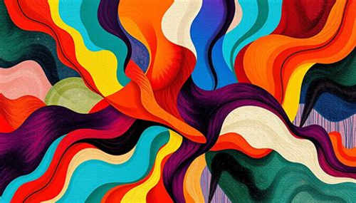 Cuadro abstracto formado por ondulaciones de colores vivos que viajan de todas direcciones hacia el centro.