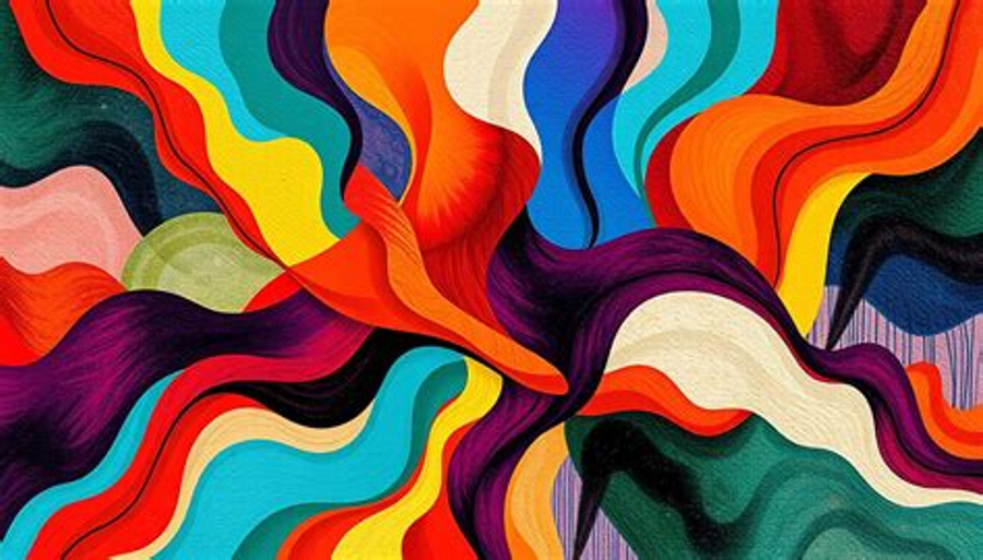 Cuadro abstracto formado por ondulaciones de colores vivos que viajan de todas direcciones hacia el centro.