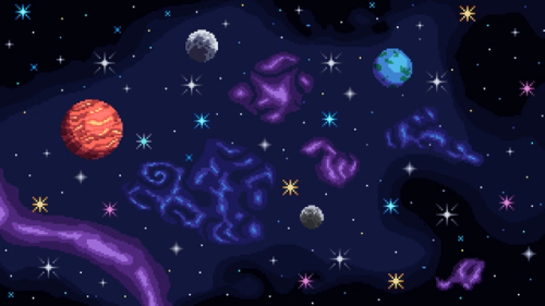 Ilustración de estilo pixel que describe una vista del espacio con estrellas planetas y nebulosas.