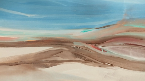 Cuadro abstracto en formato horizontal de un paisaje con tonos azulado en la parte superior y terrosos en la mitad inferior.