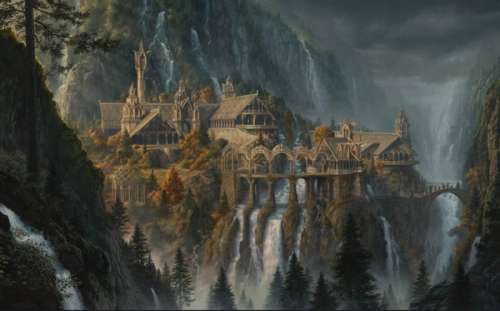 Fondo de pantalla de una ilustración donde se aprecia la ciudad élfica de Rivendel