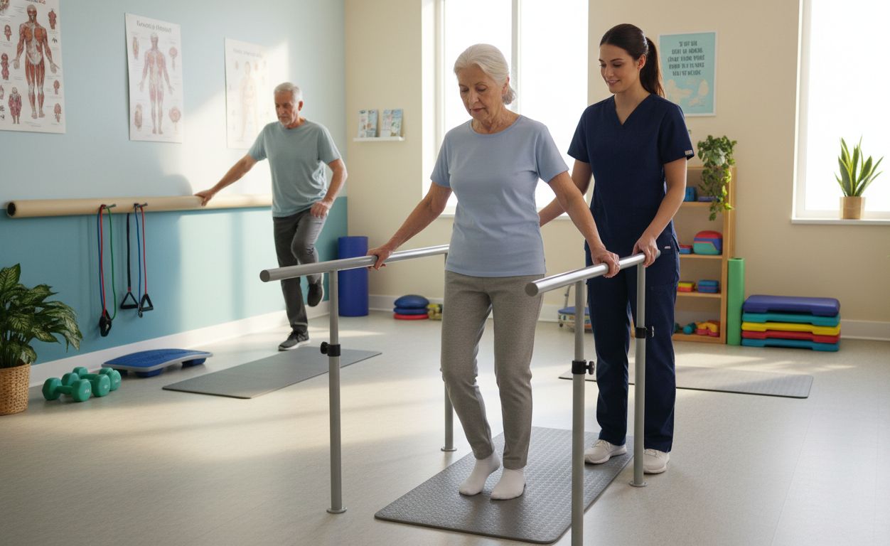 Menopoz döneminde denge kaybı yaşayan bir kadının vestibüler rehabilitasyon kapsamında denge egzersizleri yaptığı klinik ortam.