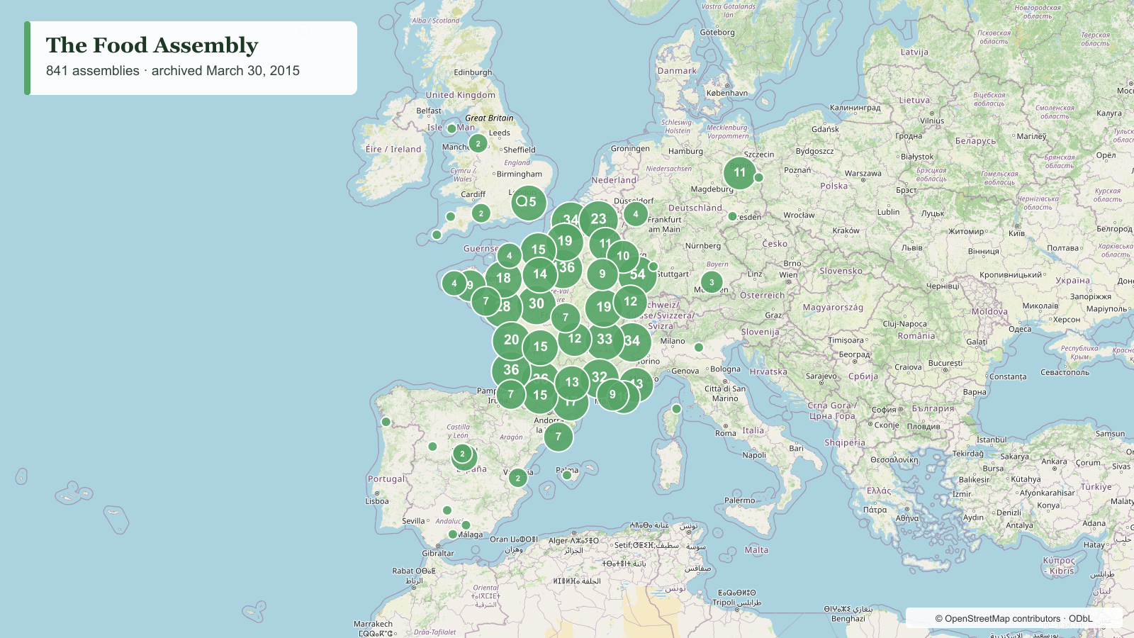 Map of 841 Food Assembly locations in Europe in 2015