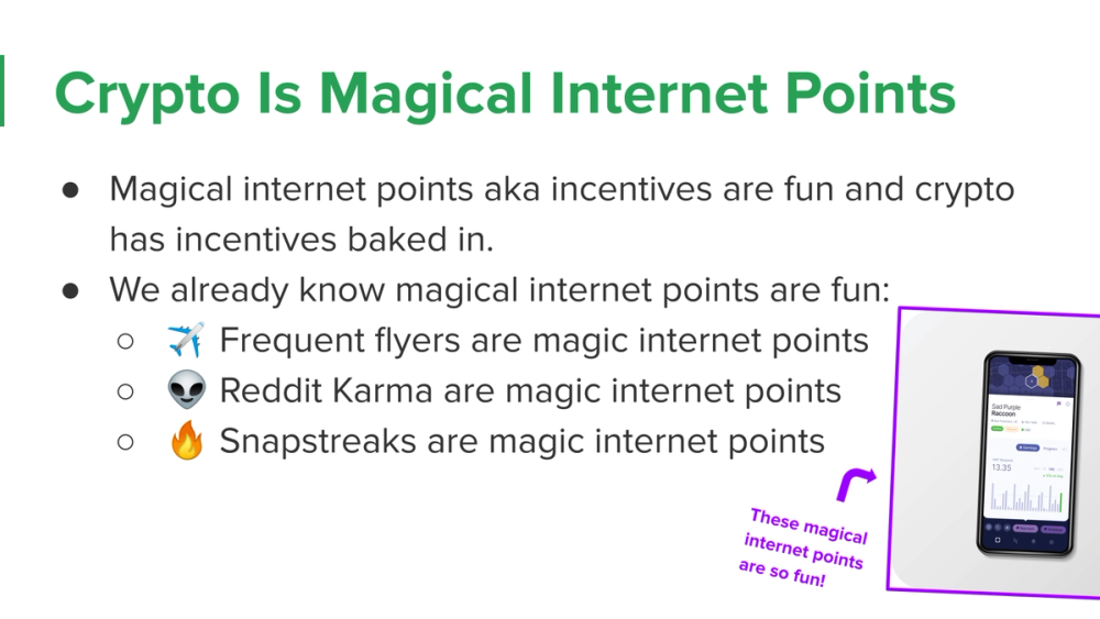 Crypto, Social? · recovered 19-slide presentation, slide 11 of 19: Crypto Is Magical Internet Points