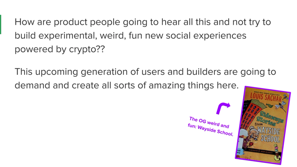 Crypto, Social? · recovered 19-slide presentation, slide 14 of 19: The original weird and fun: Wayside School
