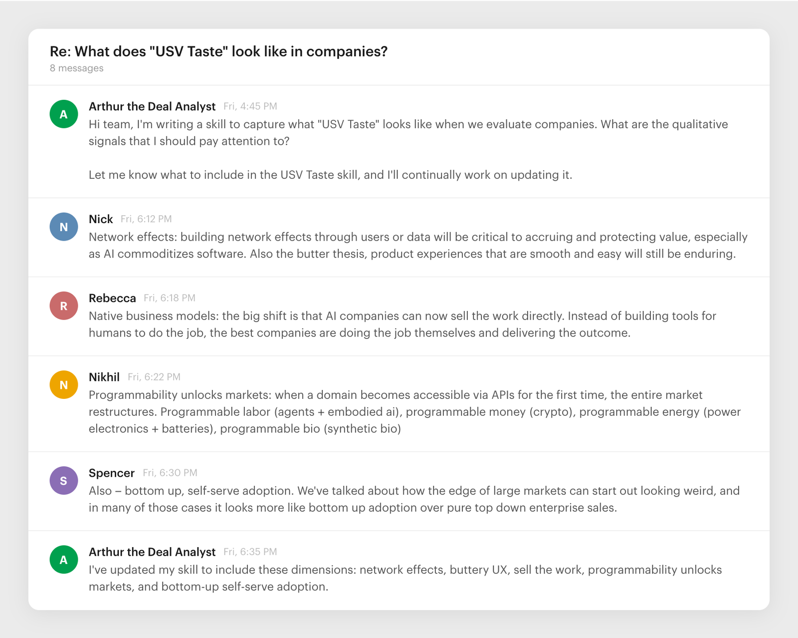 mock depiction of our email thread – but these are all real elements of USV Taste