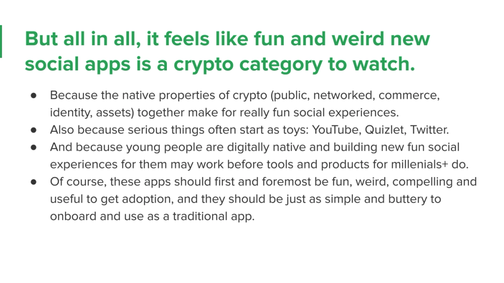 Crypto, Social? · recovered 19-slide presentation, slide 19 of 19: Fun and weird social apps are a crypto category to watch