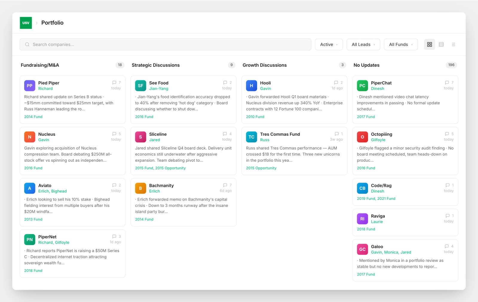 Agents read emails and meetings to automatically update our internal portfolio review app (placeholder data)