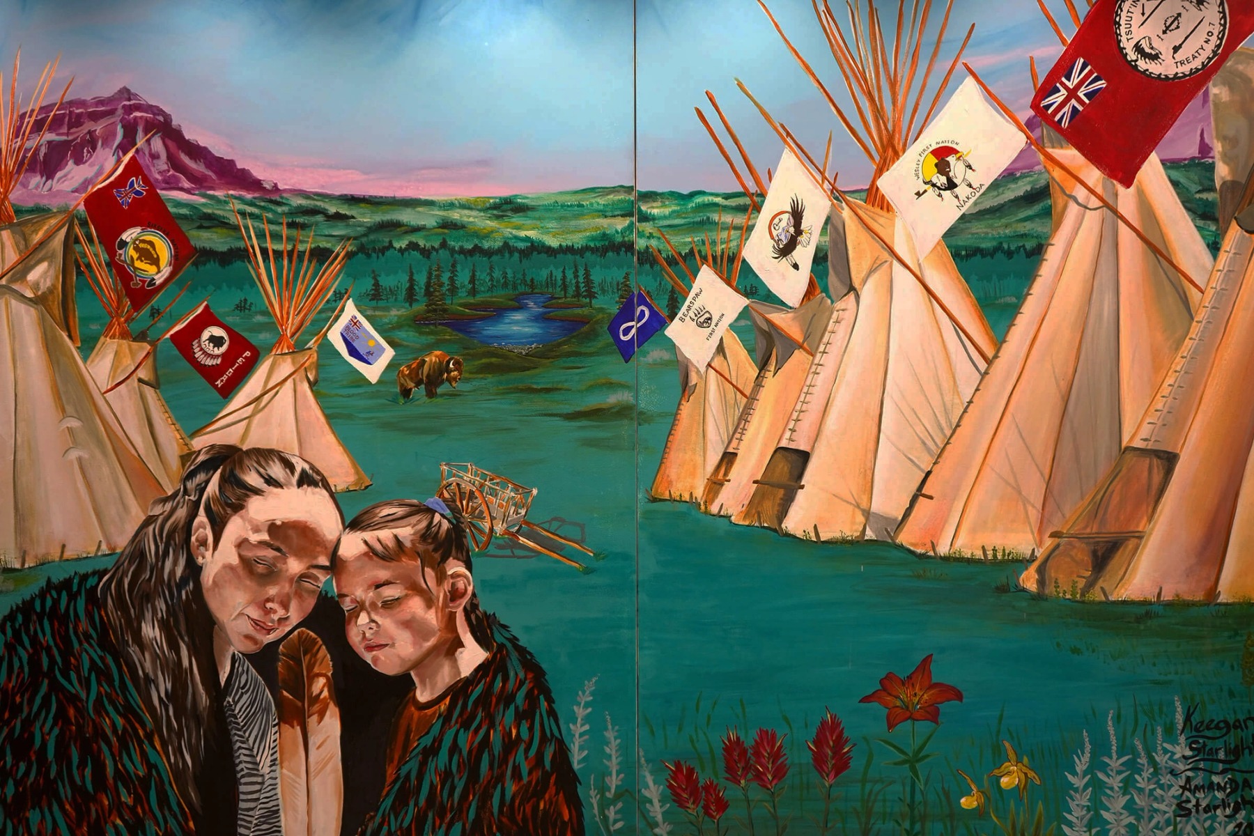 A mural of two Indigenous women touching foreheads in front of several tipis labeled with different insignias.