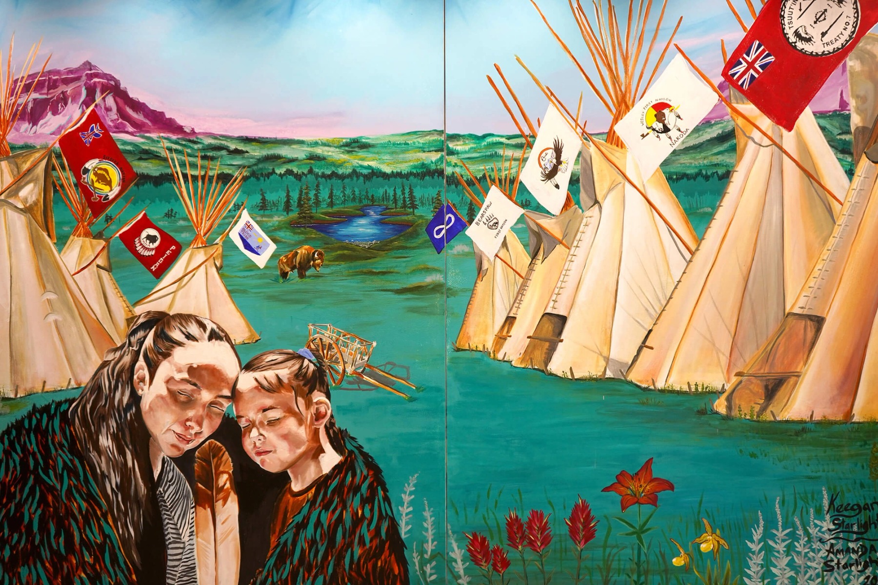 A mural depicting an Indigenous mother and small child, with teepees of each Treaty Nation in the background.