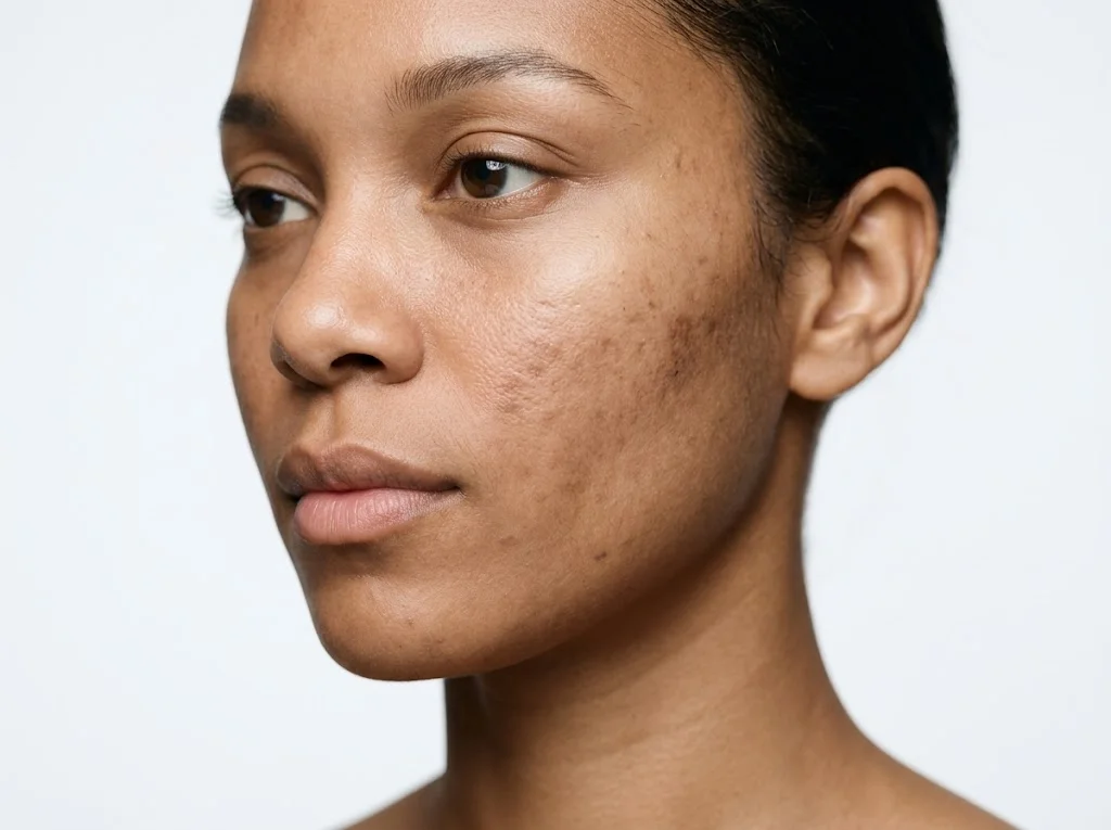 Close-up of skin showing post-inflammatory hyperpigmentation and dark marks