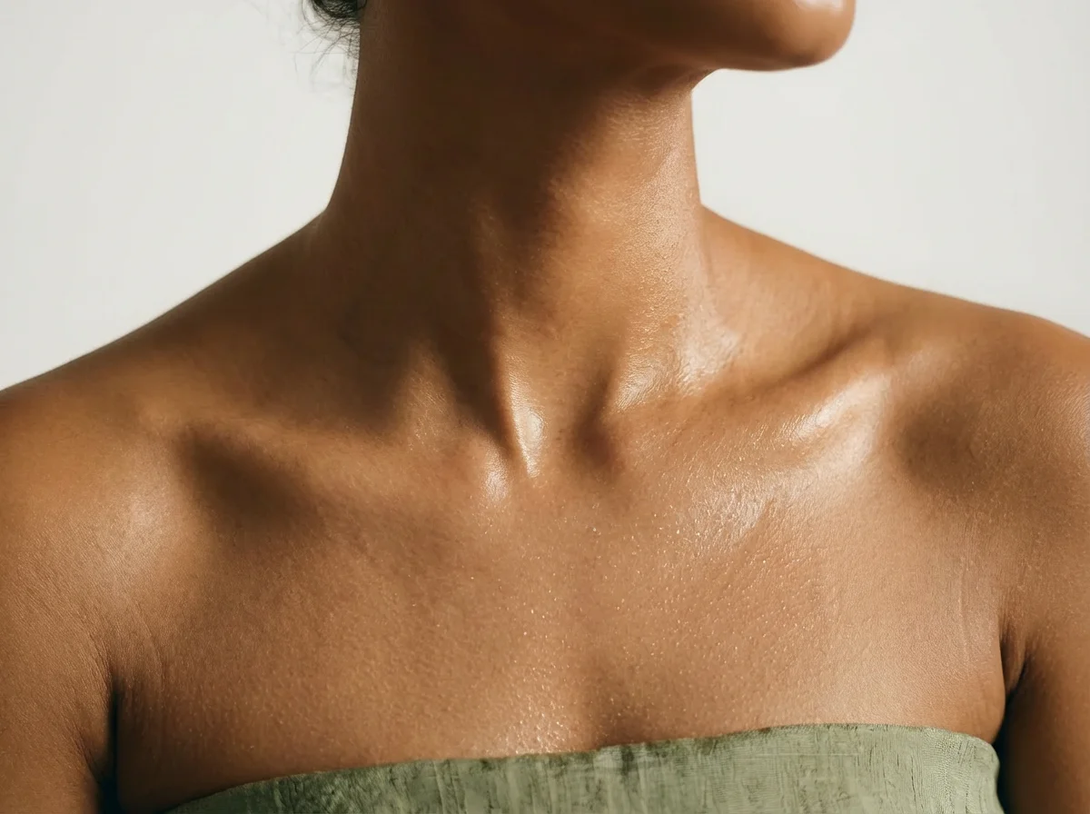 Close-up of dewy, hydrated skin on the neck and décolletage