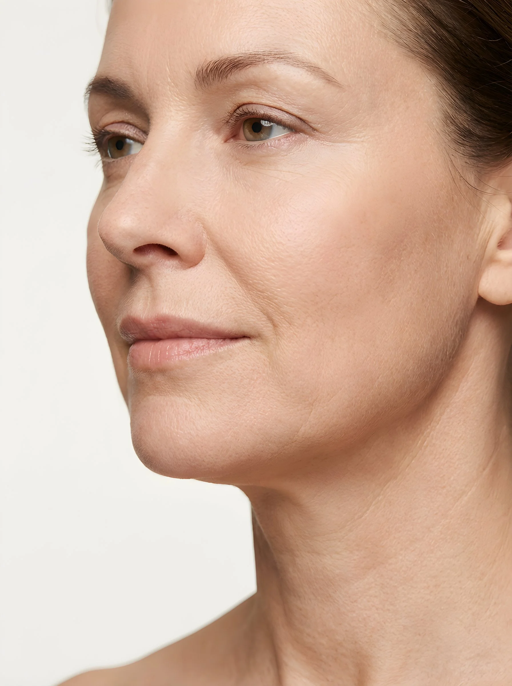 Close-up of skin showing laxity along the jaw and neck