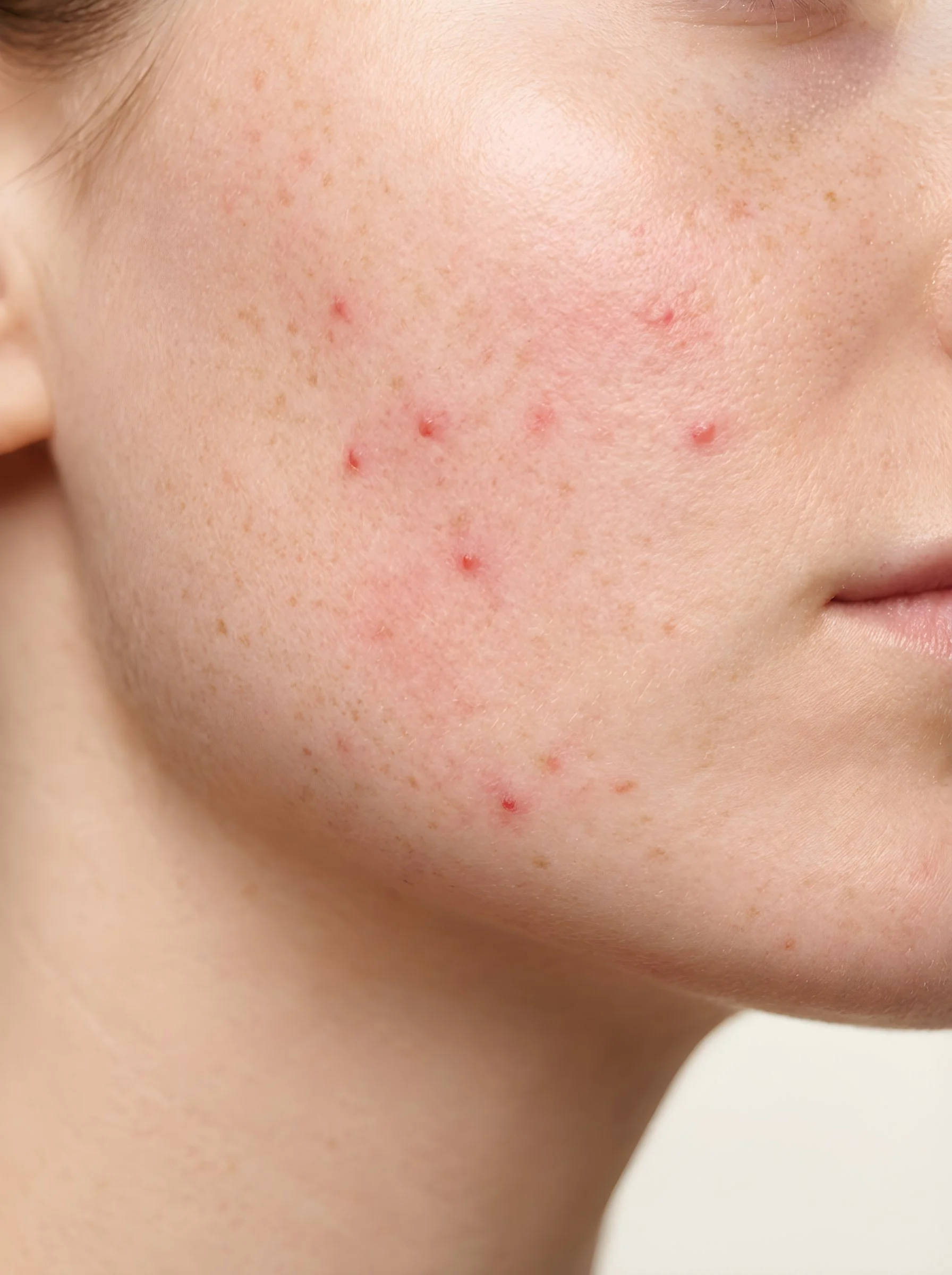 Close-up of skin with acne and breakouts