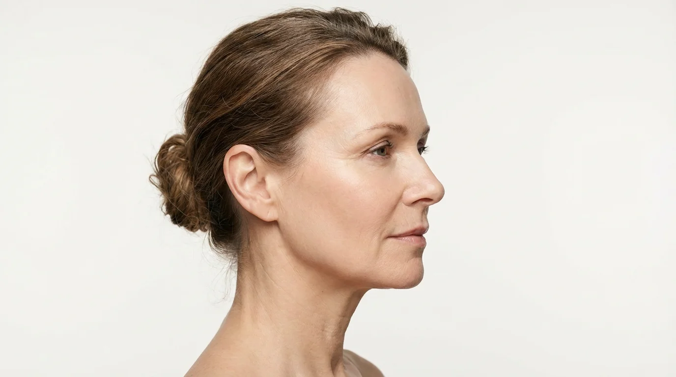 Side profile showing facial volume loss and hollowing along the cheek and jawline