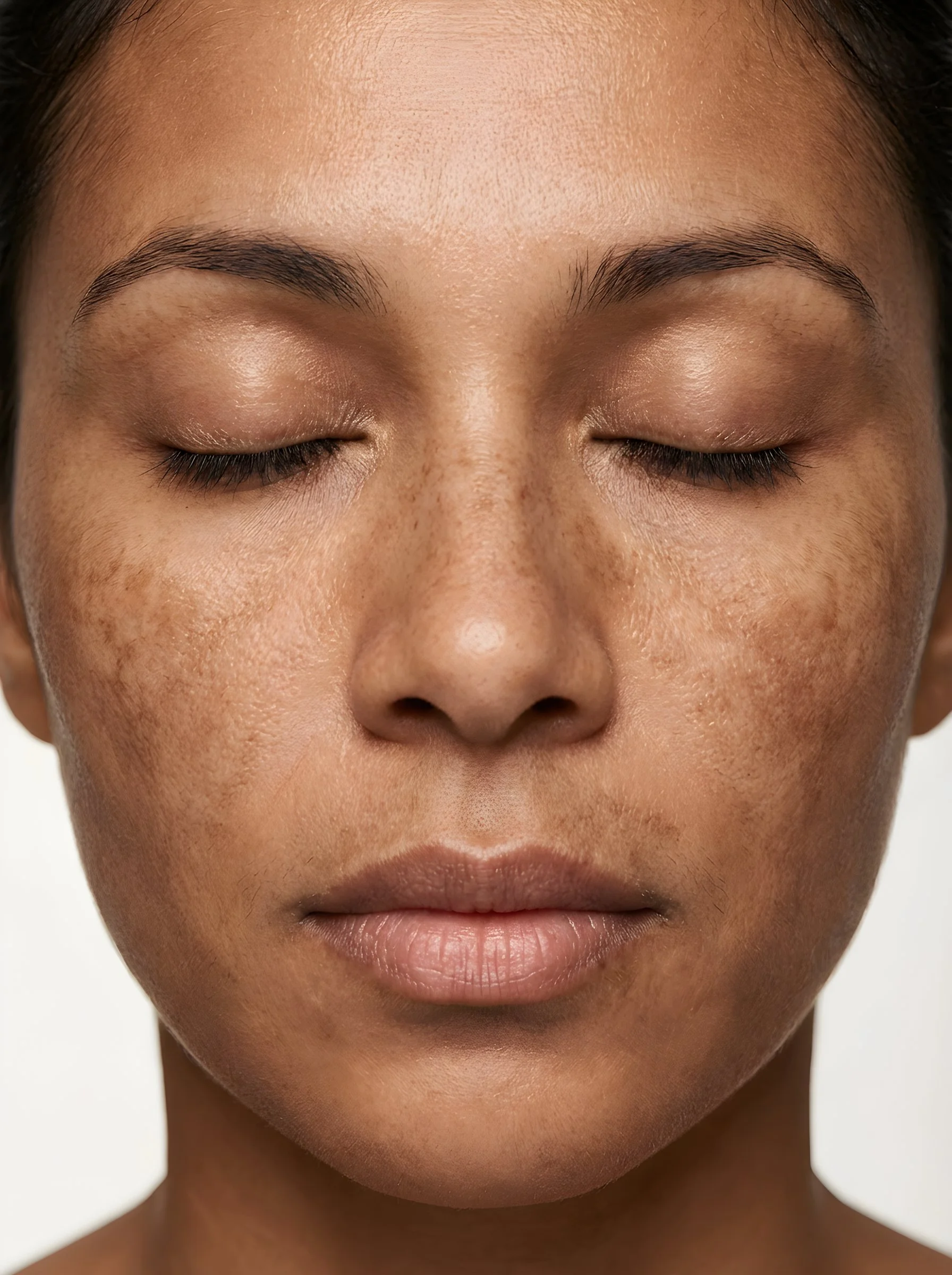 Close-up of skin with melasma patches across the cheeks