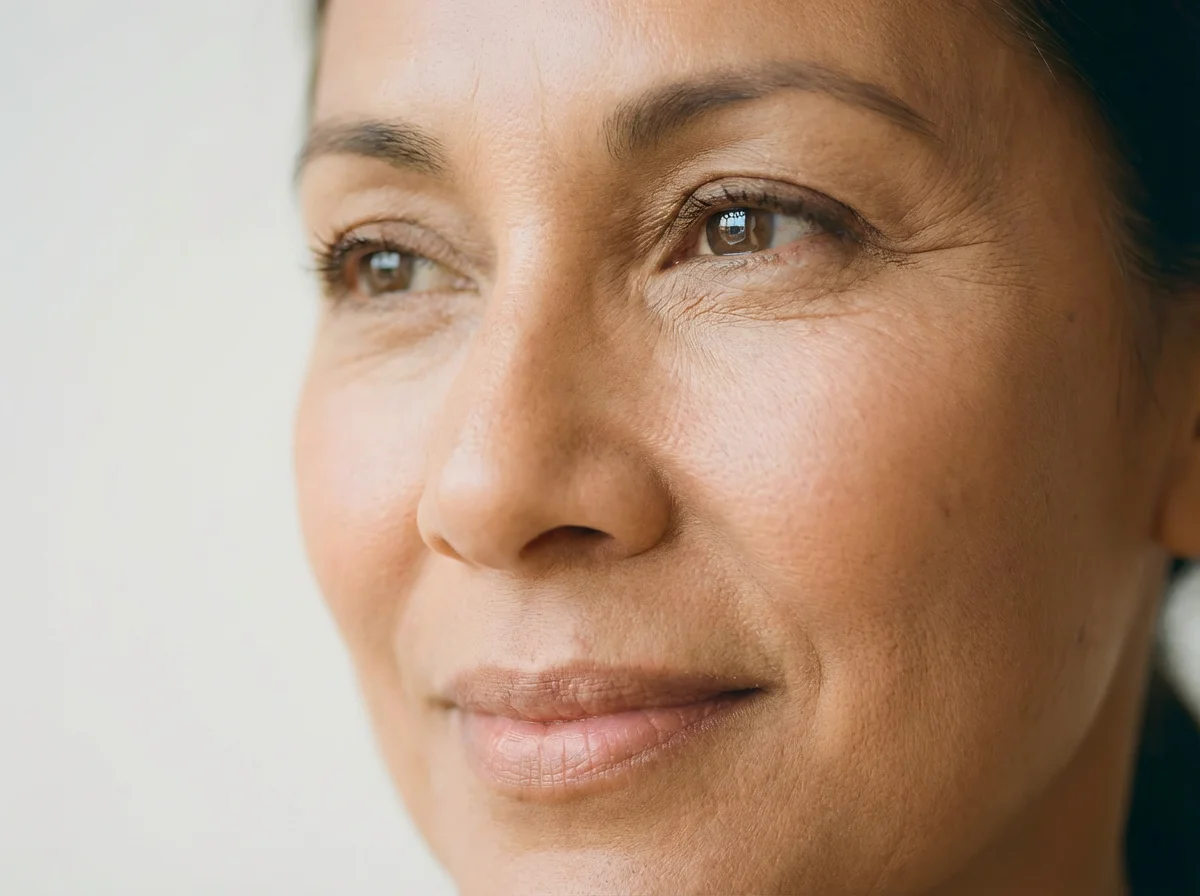Close-up of mature skin showing fine lines and wrinkles around the eyes
