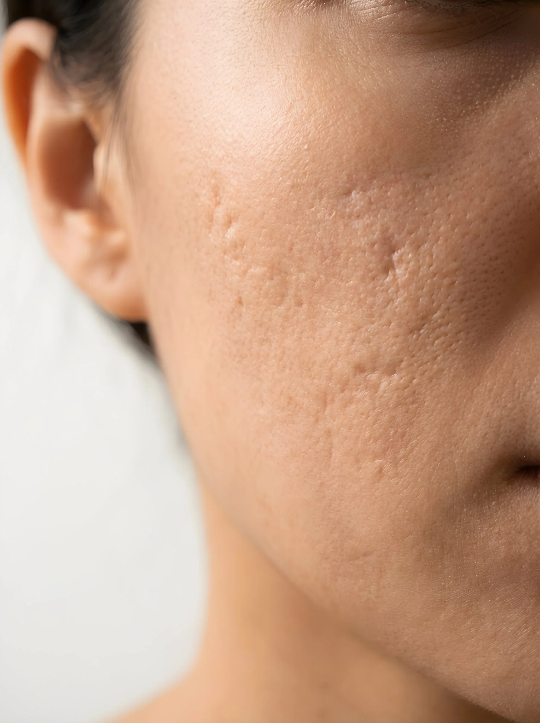 Close-up of skin showing acne scarring