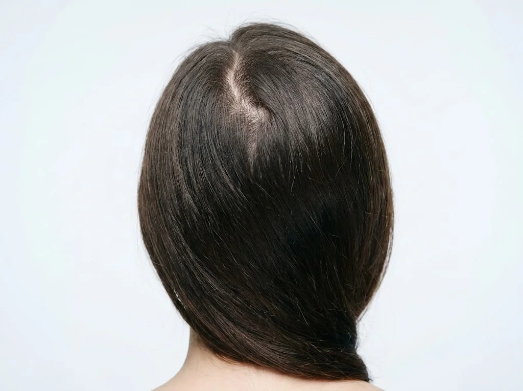 Top-down view of scalp showing hair thinning along the centre part