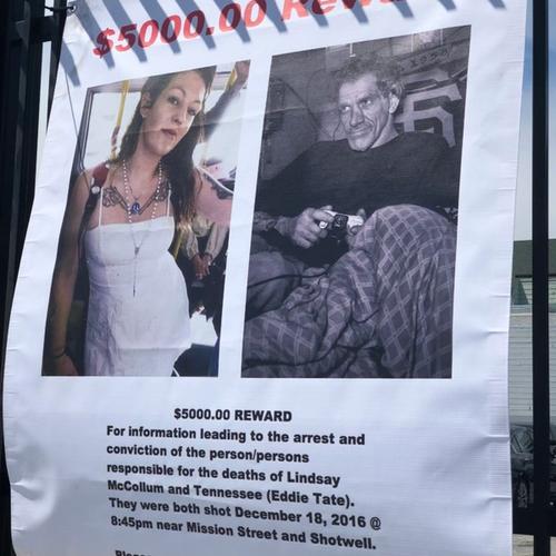 Poster put up following the double homicide (Photo by Liliana Michelena via Mission Local).