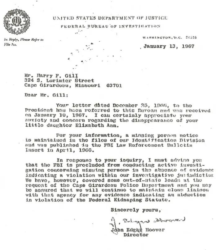 A photo of the reply from FBI Director J. Edgar Hoover in January of 1967.