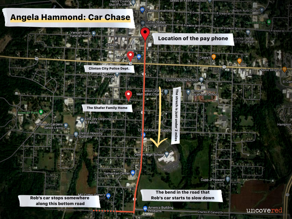 This is the route of the car chase that Rob drove to follow the green truck that Angie was in.