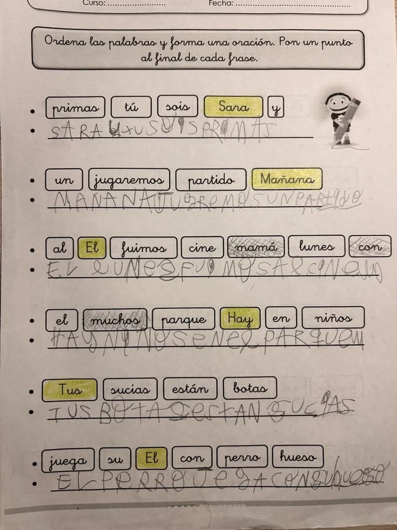 Ficha de lectoescritura con frases ordenadas y escritas a mano por un niño