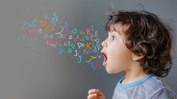 Niño de perfil con letras de colores saliendo de su boca