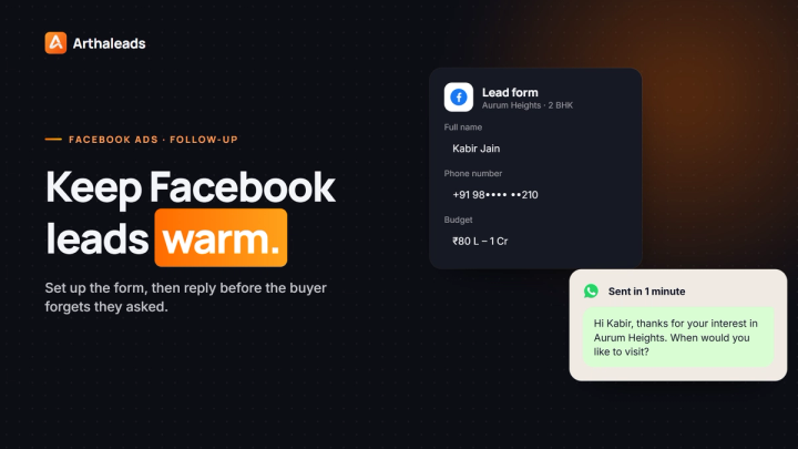 Arthaleads cover: Keep Facebook leads warm, with a lead form and a WhatsApp reply sent in a minute