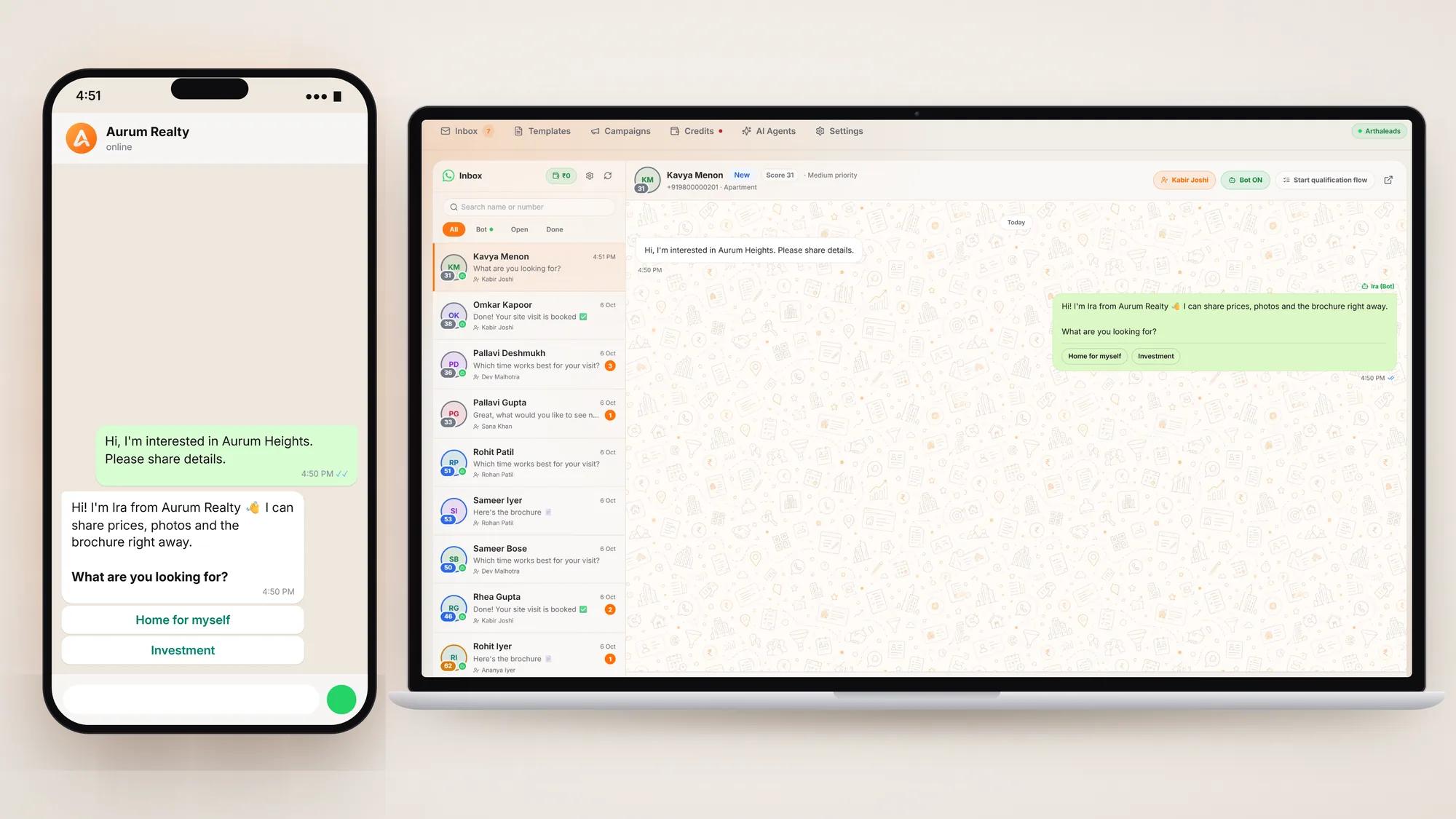 A WhatsApp conversation where the AI agent replies to a property enquiry and books a site visit