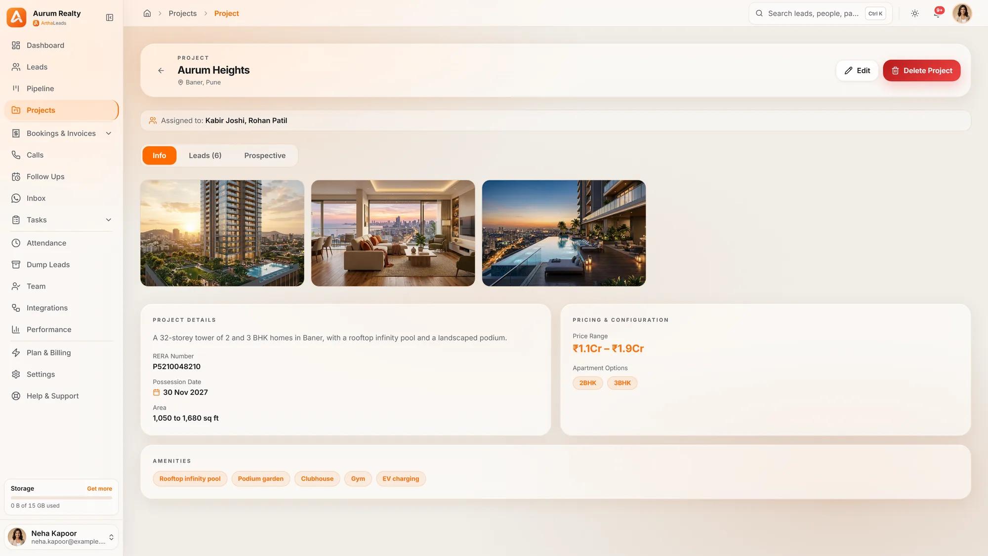 ArthaLeads project screen showing a residential project with its leads, brochures and assigned telecallers