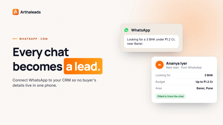 Arthaleads cover: Every chat becomes a lead, with a WhatsApp message turning into a filled-in lead