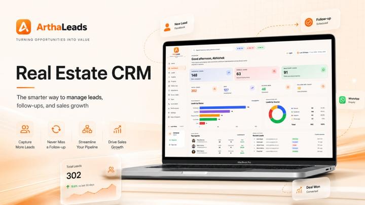 A laptop showing the ArthaLeads real estate CRM dashboard with leads by source, leads by status and recent leads