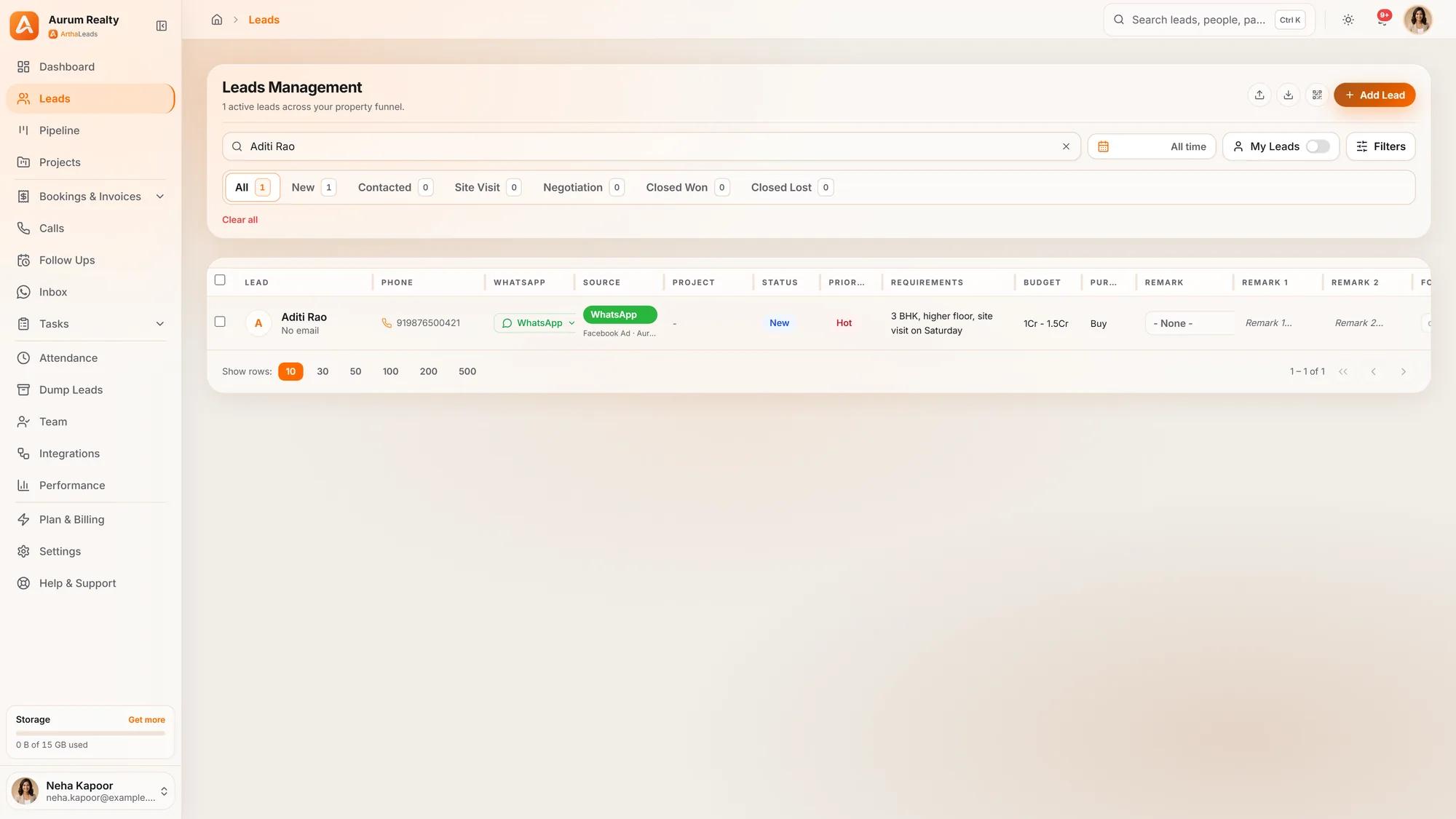 A lead record showing budget, configuration and location captured from a Facebook lead ad