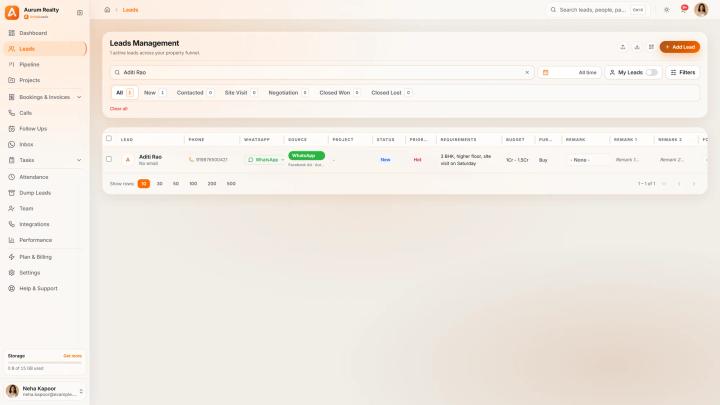 A lead record showing budget, configuration and location captured from a Facebook lead ad
