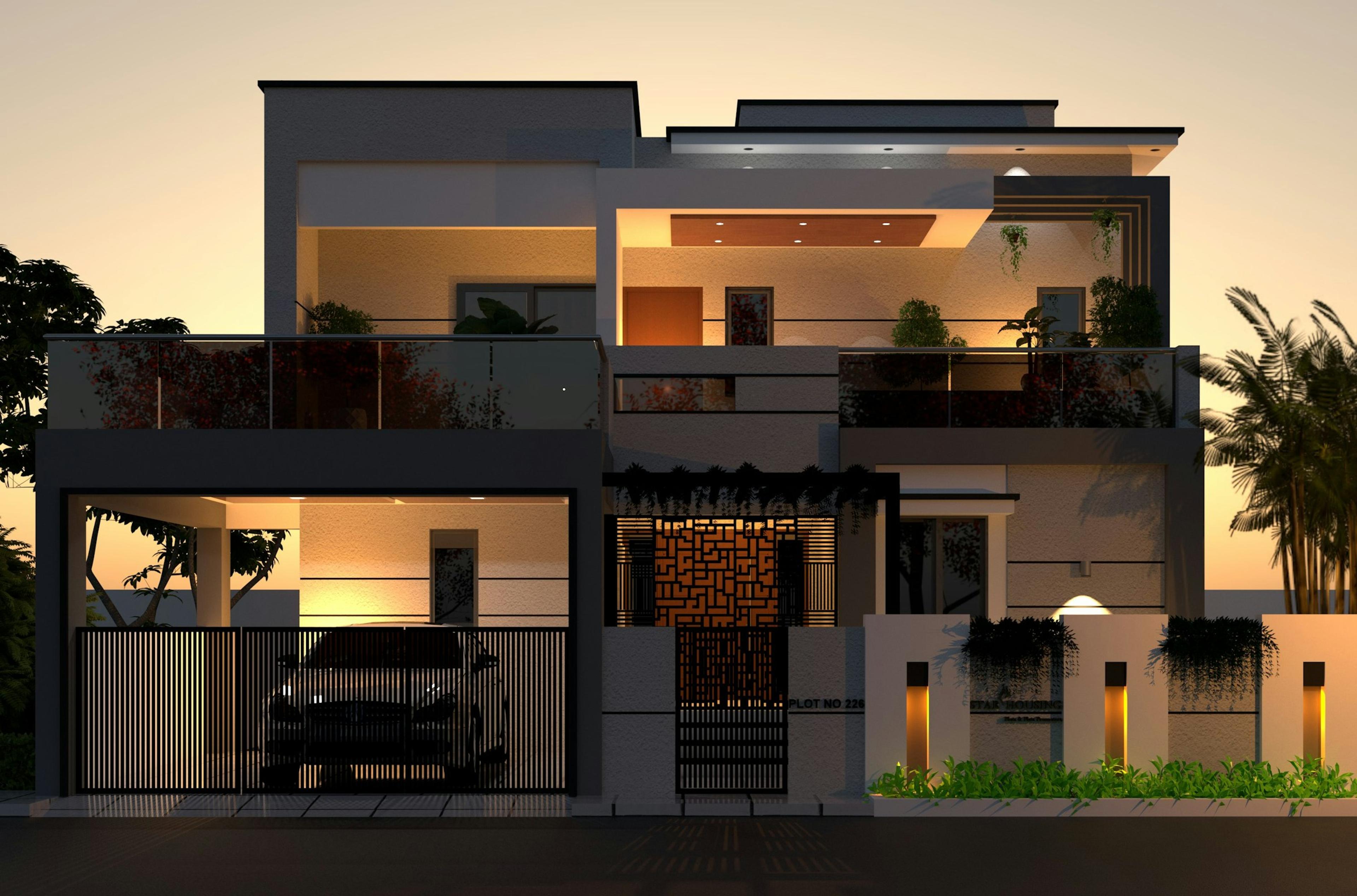 A car parked in front of a low modern house