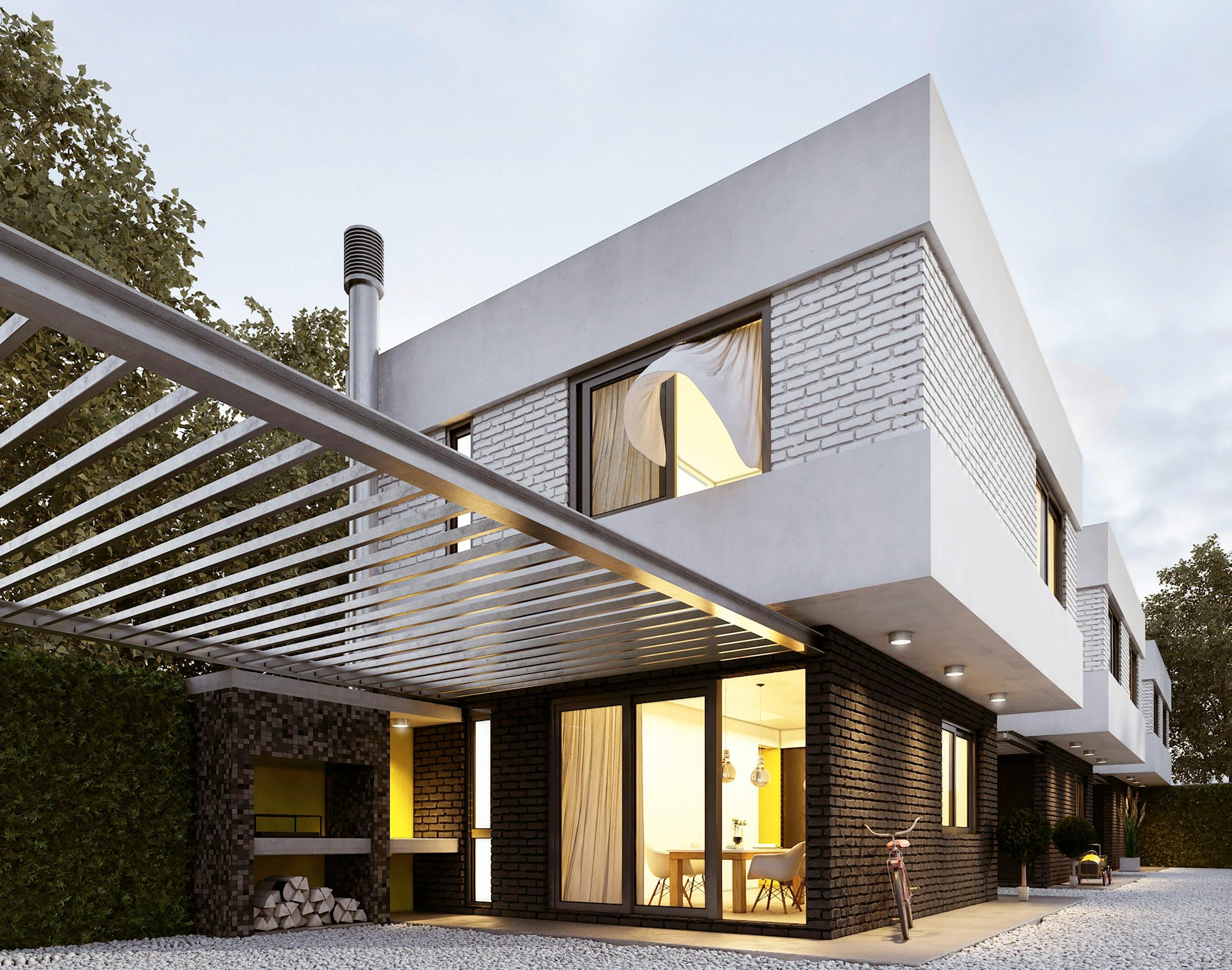 A modern house with a slatted pergola roof