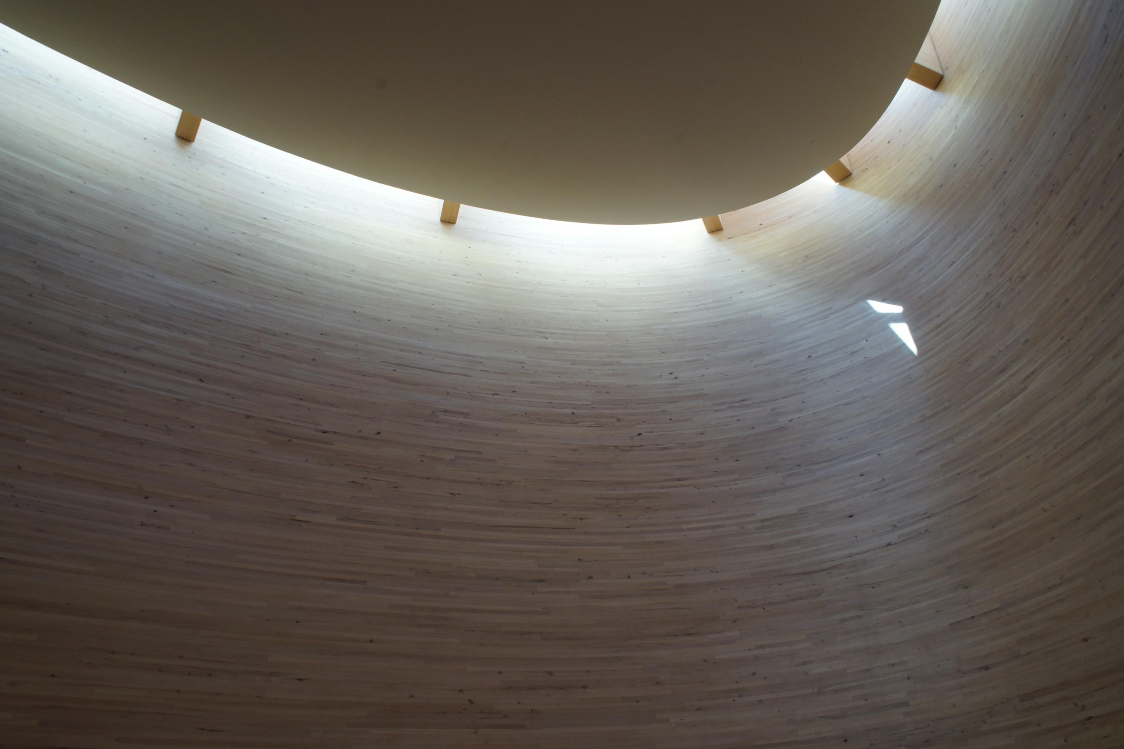 Curved timber interior lit from an overhead opening