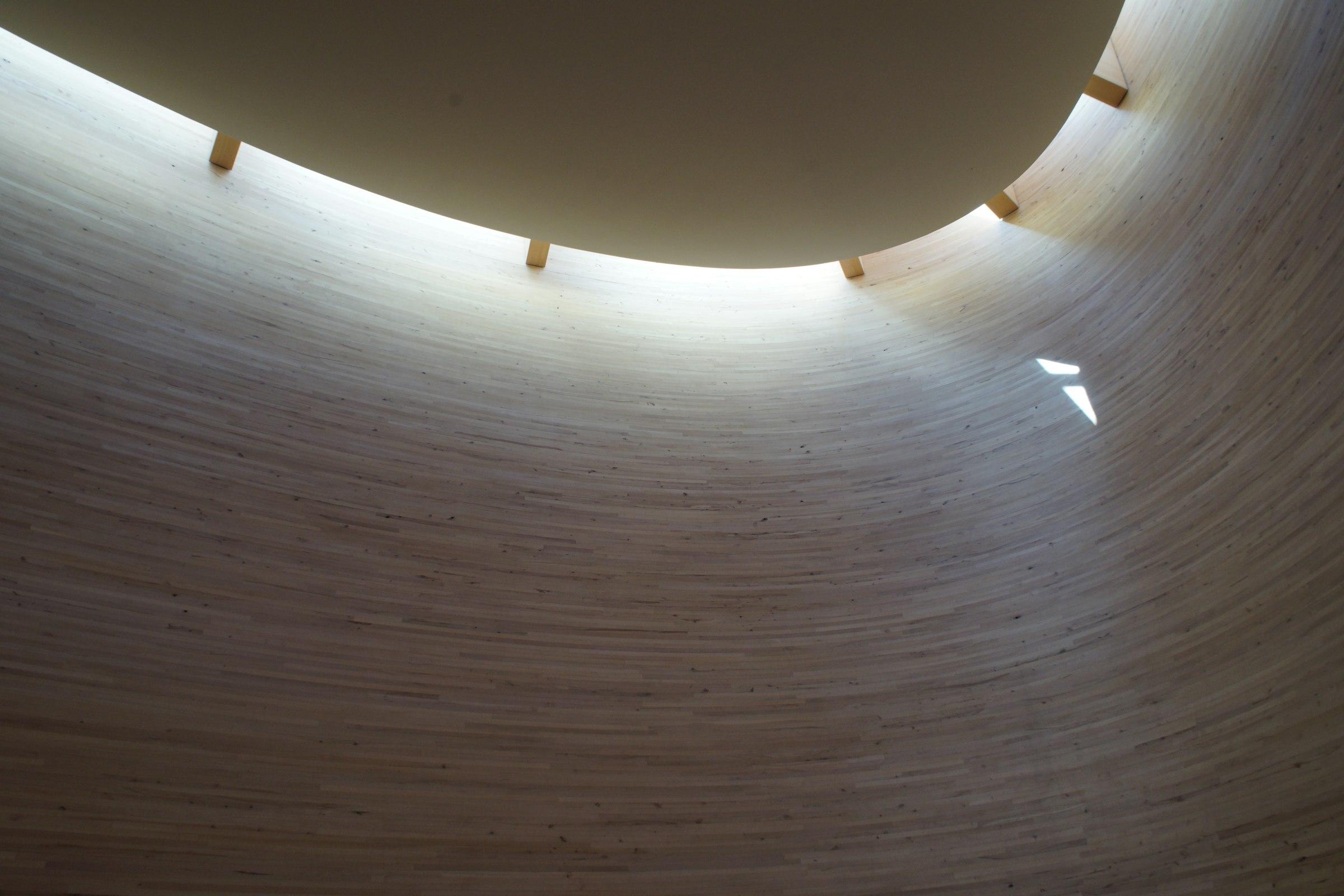 Curved timber interior lit from an overhead opening