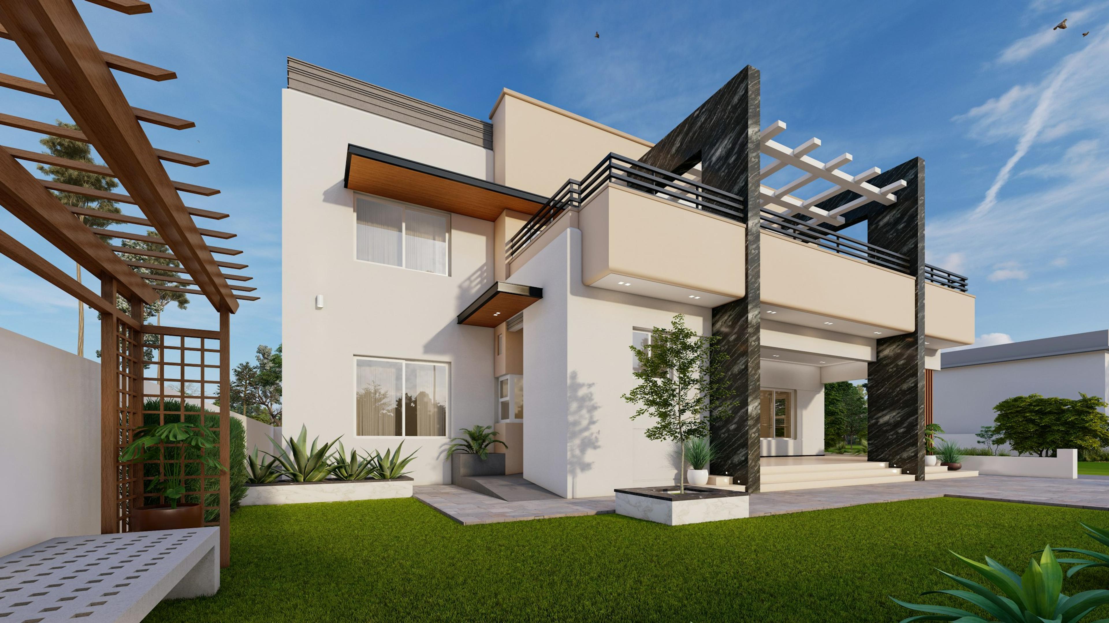 A modern house with a pergola roof