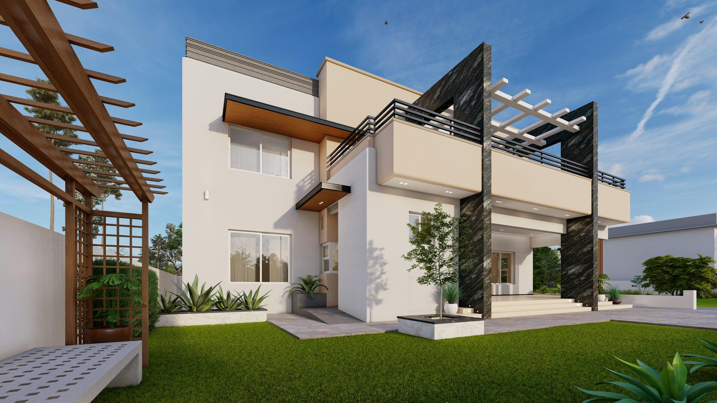 A modern house with a pergola roof