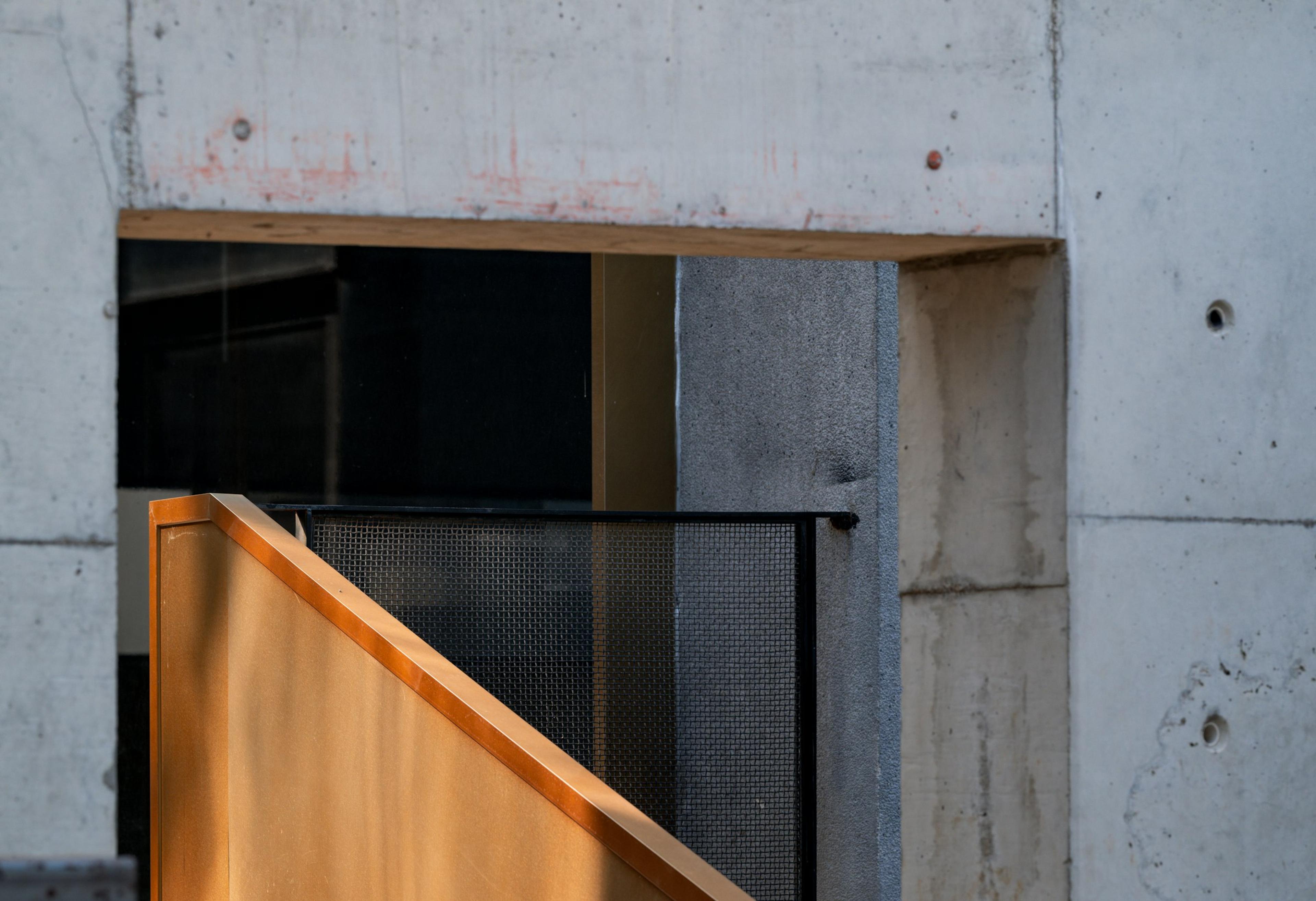 A close view of a timber door set into a building