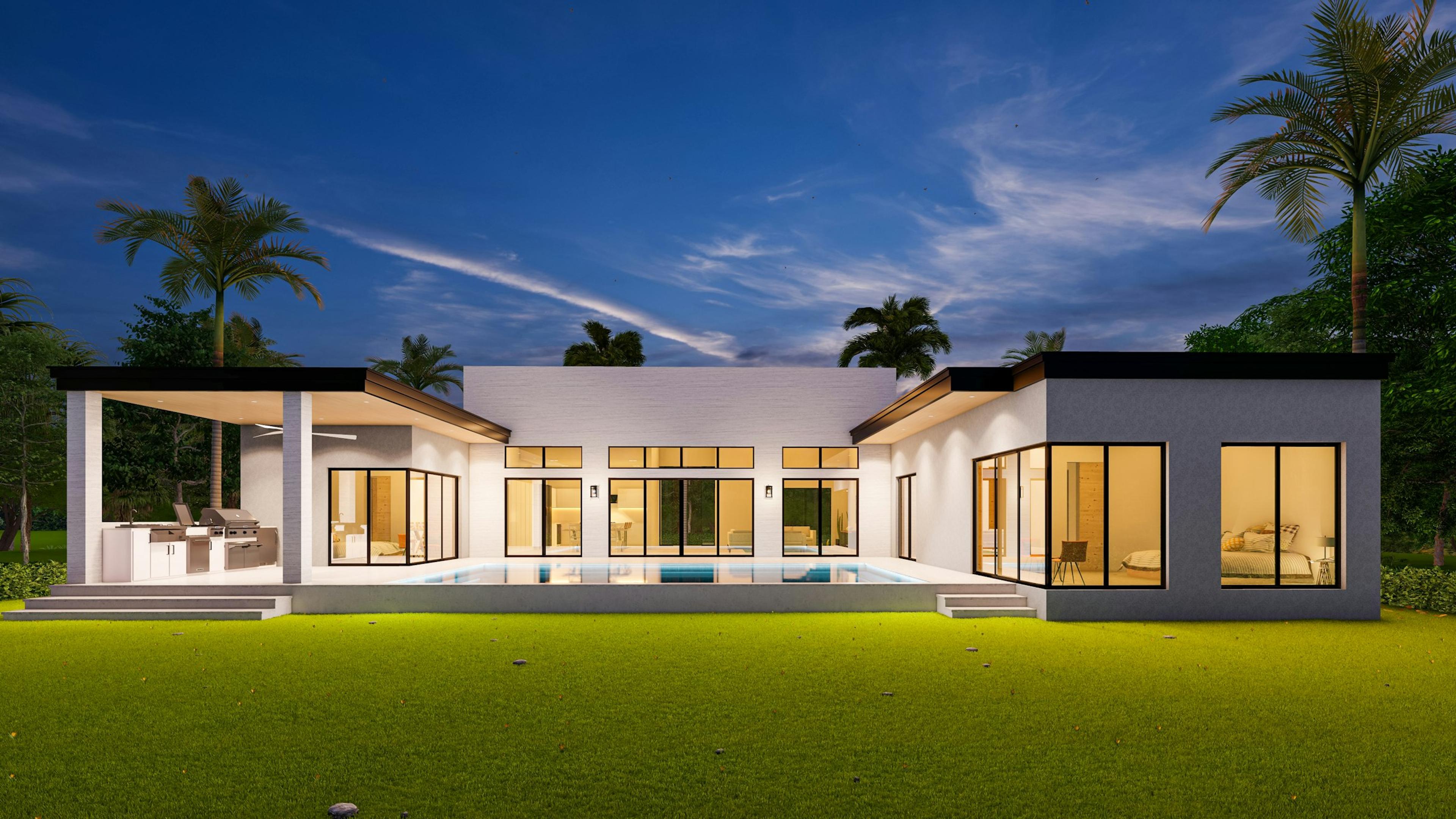A modern house with a pool in the foreground