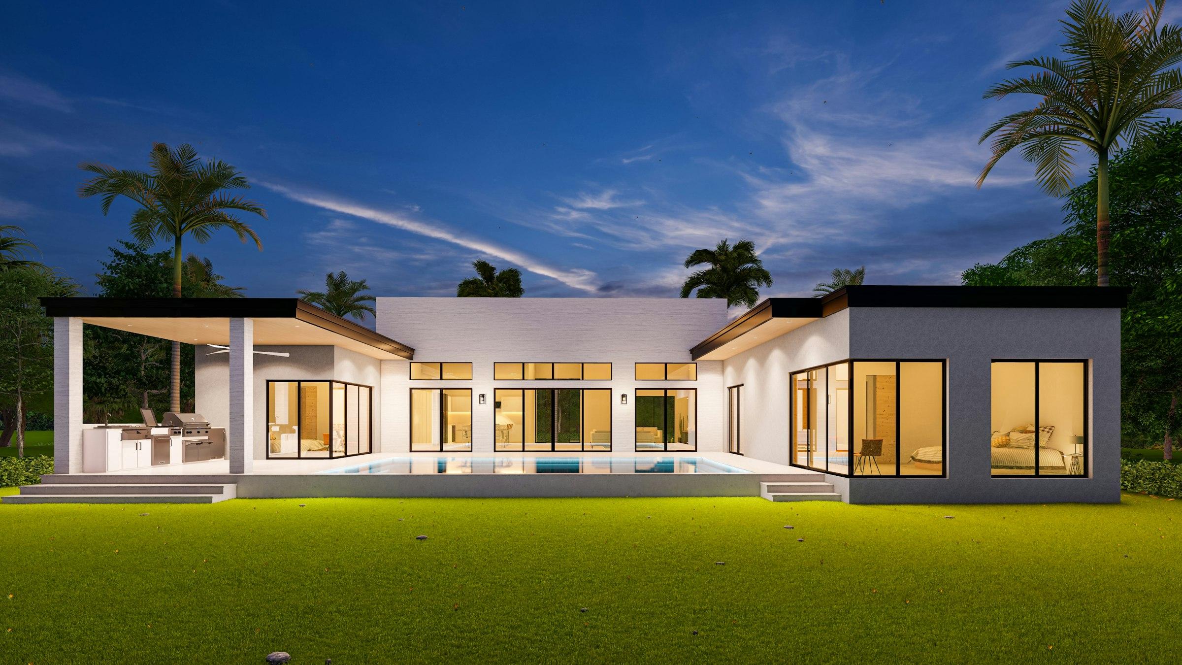 A modern house with a pool in the foreground